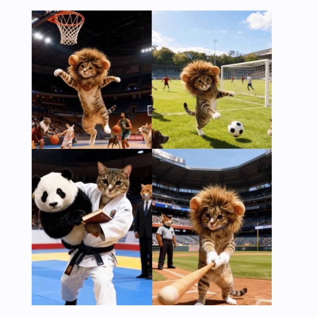 例:ライオンのかぶり物をした猫が、AI加工でサッカー選手・野球選手・バスケットボール選手・柔道選手に変身した4分割画像。