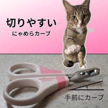 切りやすい爪切りカーブした 先端 、真ん中に爪切りを置き影でカーブがわかるように撮影。また 線を引いて 角度は 認識しやすいようにしている。爪切り 画像の上にアウトラインを引き愛猫レオが 指を大きく開き爪を出している