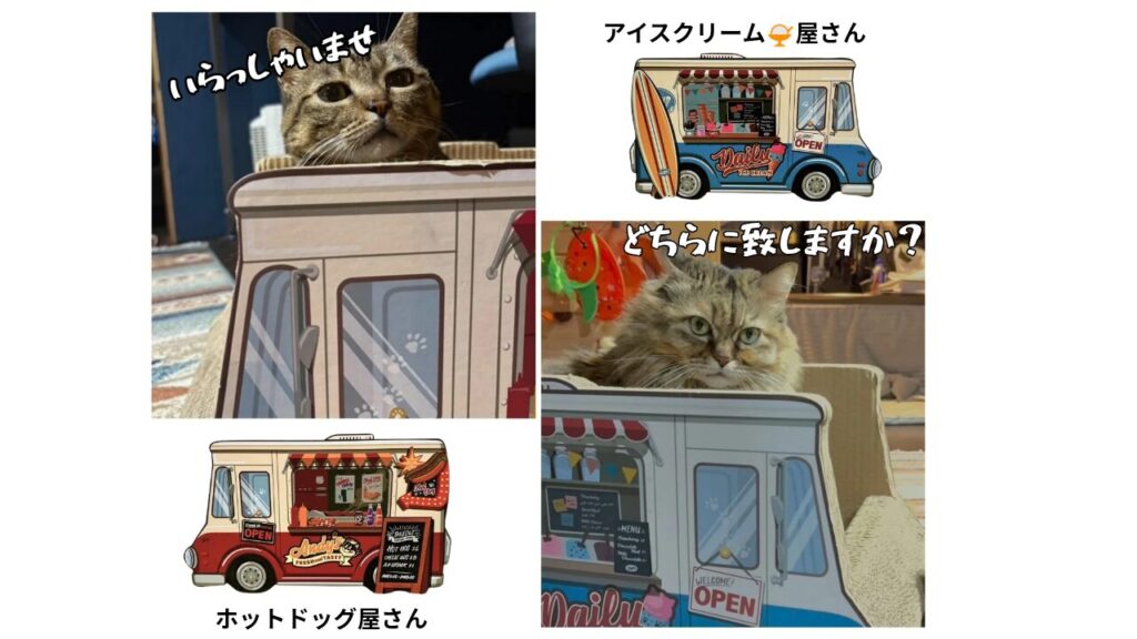 インタビュー モデルのちびちゃんとたぬちゃんが乗っている。AWESOME STOREの可愛いキッチンカー型爪とぎの画像。表はホットドッグ屋、裏はアイスクリーム屋の絵柄が楽しめる両面デザインで、猫の興味を引く段ボール爪とぎです。