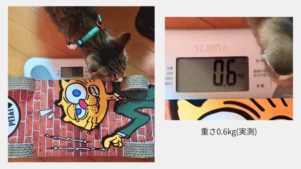 にゃんた 爪とぎ スケート意地悪 キャット の実測重さ(0.6kg)を計測している様子の画像と、キジトラの猫が爪とぎで遊んでいる画像