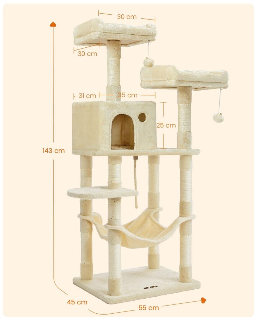 メーカー公式サイトより引用した、注釈付きのキャットタワーの全体画像