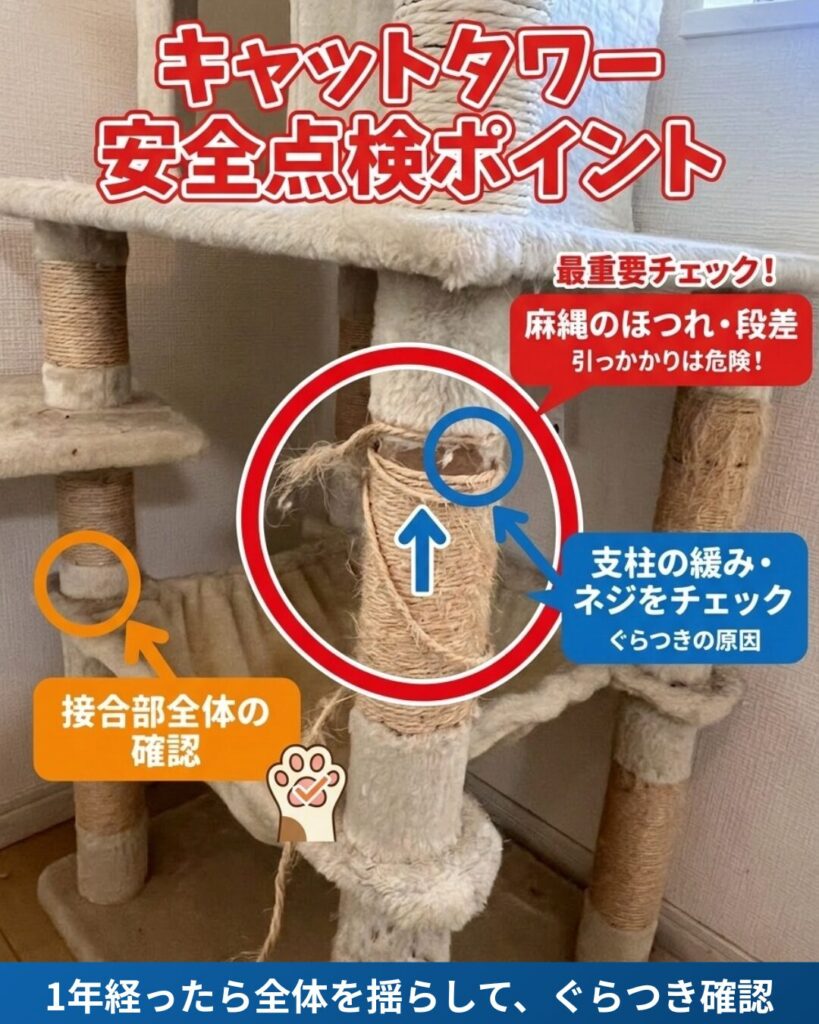 麻縄がほつれたキャットタワーの写真に、点検ポイントとして支柱の緩みや接合部の確認を促す注釈が入った解説画像